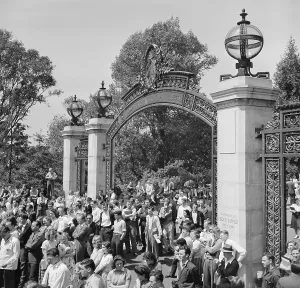 Protests Prints: 1940 Peace Strike at Berkeley. University of California students gathers at Sather Gate