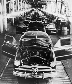 Michigan Prints: 1949 Ford cars sit on a deserted assembly line during the 25 day strike called by the United Auto Workers to oppose