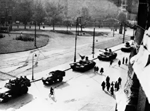 Revolts Prints: The 1956 Hungarian Uprising. Soviet trucks and tanks withdraw from downtown Budapest on Nov