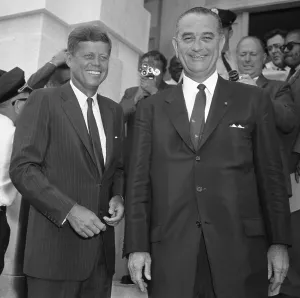 Political Campaigns Prints: The 1960 Democratic nominees, Senators John Kennedy and Lyndon Johnson great the press together