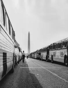 Buses Prints: 1963 March on Washington. Two long lines of buses used to transport marchers to Washington