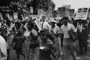Washington D Prints: 1963 March on Washington. Marchers carrying signs in the streets of Washington