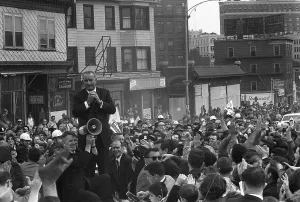 1964 LBJ Presidential campaign. Lyndon Johnson addressing a crowd in Burlington, Vermont, Sept. 28, 1964