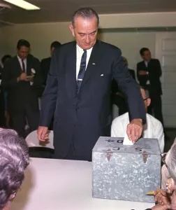 Ballot Box Prints: 1964 Presidential Election. Lyndon Johnson places his vote in the ballot box at Johnson City