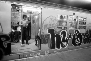 Vandalism Prints: 1970s America. Graffiti on a subway car on the Lexington Avenue line