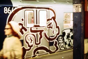 Vandalism Prints: 1970s America. Graffiti on a subway car at Times Square subway station