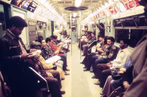 Afro Prints: 1970s America. Passengers on a subway car, New York City, New York ca. 1972