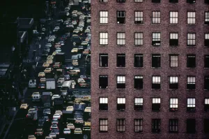 Taxi Prints: 1970s America. Traffic on 6th Avenue near 42nd Street. Manhattan, New York City, ca. 1972