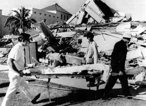 Earthquakes Prints: 1971 San Fernando Earthquake. An injured patient from the leveled Veteran's Hospital is evacuated