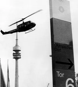 Helicopter Prints: 1972 Olympics, Helicopter, similar to one used to carry Arab Terrorists and Israeli Hostages to airport