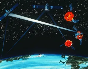 Earth Orbit Prints: 1984 military artist's concept of a hybrid ground and space-based laser weapon destroying enemy satellites