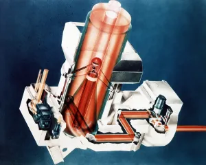Earth Orbit Prints: 1985 military artist's concept of a laser beam director with the cutaway showing laser paths designed to track