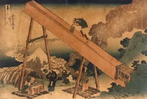 Tools Prints: 19th century Japanese print shows two men sawing lumber from a large log