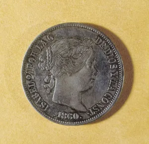 Isabella Ii 1830 1904 Prints: 20 reales coin with the effigy of Isabella II of Spain (1860)