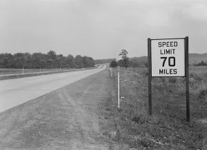 Rationing Prints: 70 MPH speed limit sign on the empty Pennsylvania Turnpike during World War 2