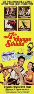 1958 Movies Prints: THE 7TH VOYAGE OF SINBAD, bottom l-r: Kerwin Mathews, Kathryn Grant on insert poster, 1958