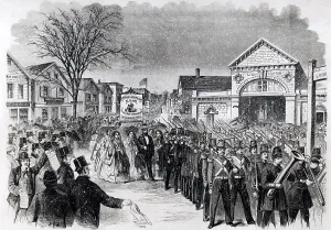 Organized Labor Prints: 800 women shoemakers of Lynn, Massachusetts, demonstrated for betterpay on March 7, 1860