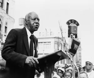 Philip Prints: A. Philip Randolph making speech at rally supporting Harlem Congressman Adam Clayton Powell