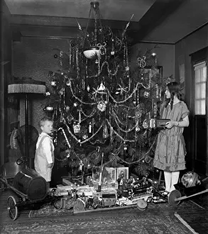 Holiday Prints: Abundant toys are underneath a traditionally decorated Christmas tree