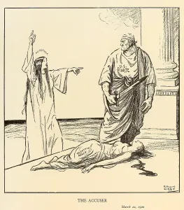 Kirby Prints: THE ACCUSER. Political cartoon about the U
