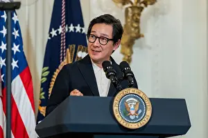 Entertainers Prints: Actor Ke Huy Quan speaks before a screening of the TV series American Born Chinese