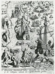 Columbus Prints: The admiral Christopher Columbus discovers the Margarita and Cubaga islands