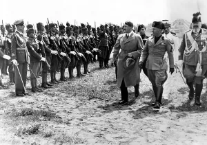 Italian Prints: Adolf Hitler and Benito Mussolini as they inspect Italian Blackshirts shorty after Hilter's arrival in Venice