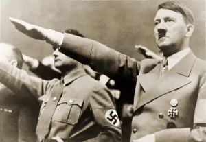 Rudolph Prints: Adolf Hitler, giving Nazi salute. To Hitler's right is Rudolph Hess. 1939