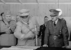 Lcgr1308 Prints: Adolf Hitler, Hermann Goering, and Benito Mussolini looking at map, August 26, 1941