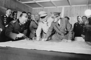 Lcgr1308 Prints: Adolf Hitler, Hermann Goering, and a German officer, looking at map