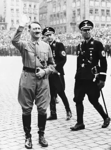 Hitler Prints: Adolf Hitler saluting, with two SS generals in uniform behind him