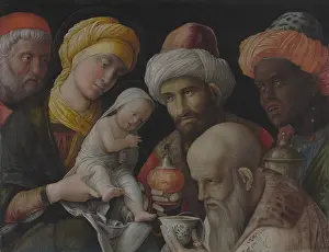Adoration of the Magi, by Andrea Mantegna, c. 1495-1505, Italian painting, distemper on linen. Three Kings pay homage to the Christ Child