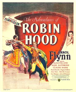 THE ADVENTURES OF ROBIN HOOD, front left: Errol Flynn, top right: Olivia De Havilland on window card, 1938