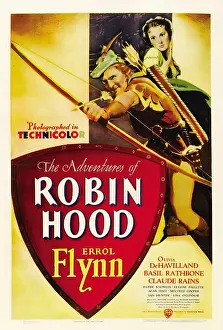 Bow And Arrow Prints: THE ADVENTURES OF ROBIN HOOD, poster, from left: Errol Flynn, Olivia De Havilland, 1938
