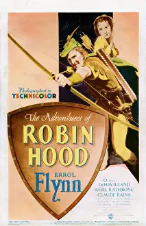 Bow And Arrow Prints: THE ADVENTURES OF ROBIN HOOD, poster, from left: Errol Flynn, Olivia De Havilland, 1938