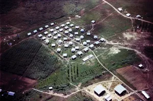 Prints of Aerial photo of Jonestown, Guyana. FBI photo taken during the investigation of the People's Temple mass suicide. Nov. 1978 October Prints: Aerial photo of Jonestown, Guyana