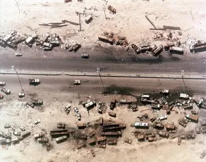 June Prints: Aerial view of destroyed Iraqi vehicles beside the Highway 80 west of Kuwait City
