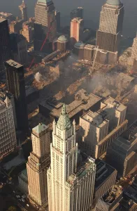 Skyscraper Prints: Aerial view of Ground Zero from the northeast with the Woolworth Building