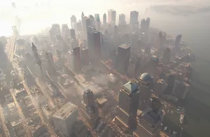 Financial District Prints: Aerial view of Ground Zero from the northwest on a hazy day