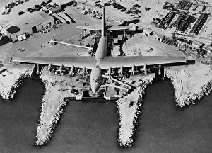 Lcgr1511 Prints: Aerial view of Hughes Flying-boat seaplane under construction at its dock in Long Beach