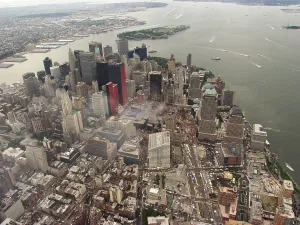 Skyscraper Prints: Aerial view of Lower Manhattan and New York Harbor on Sept