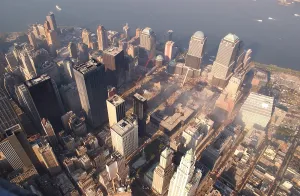 Rubble Prints: Aerial view of the recovery operation underway at the site of the collapsed World Trade Center