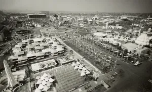 Worlds Fair Prints: Aerial view of Unisphere and other exhibits at New York World's Fair in 1964