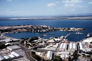 Cuba Prints: Aerial view of the U.S. Naval Station Guantanamo Bay's windward side looking southwest