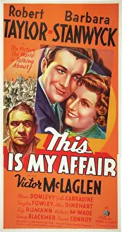 THIS IS MY AFFAIR, top l-r: Robert Taylor, Barbara Stanwyck, bottom: Victor McLaglen on poster art, 1937, TM and Copyright 20th Century Fox Film Corp