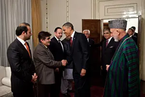 Alliances Prints: Afghan President Hamid Karzai stands by as Barack Obama greets members of the Afghan delegation