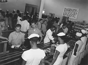 Candid Group Portrait Prints: African America enlisted men in Mess Hall serving whites first at Hastings, Nebraska, 1944