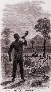 Freeman Prints: African American blowing the wake-up call for the cotton workers on a Southern plantation in 1867