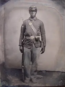 Equipment Prints: African American Civil War soldier in Union uniform with bayoneted musket