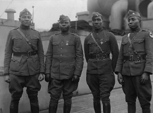 Three Quarters Length Prints: African American officers of 366th Infantry returning from WW1 on the Aquitania